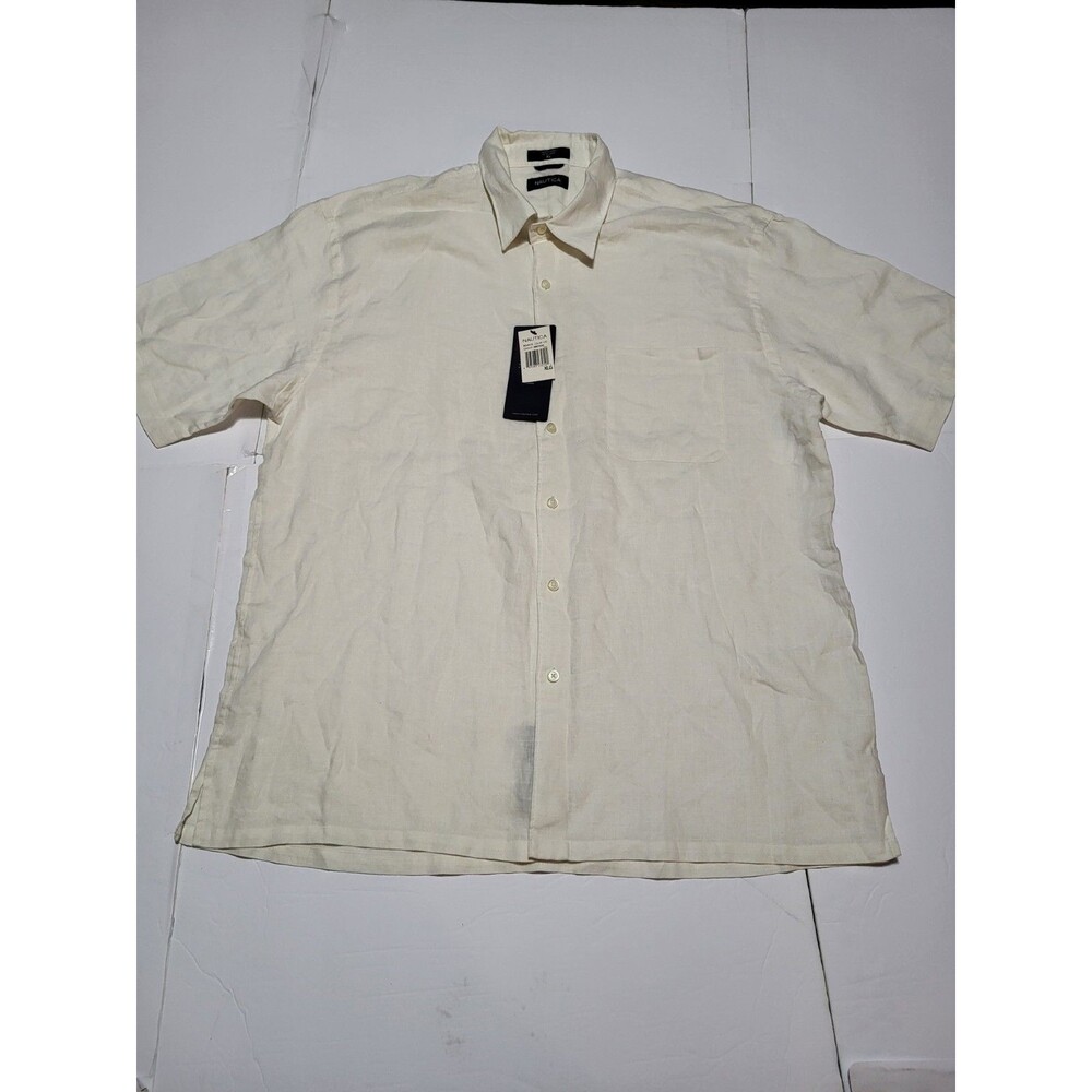 (#18) Nautica Short Sleeve 100% Linen Button-Up White  Size Men's XL